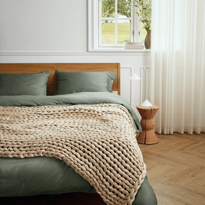 bearaby morning matcha antimicroial sheet with weighted blanket