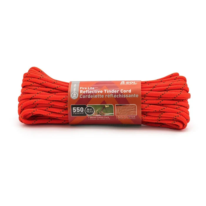 Red fire line reflective tinder cord with SOL label on a white background