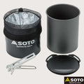 Soto camping cook set with pot, lid, and mesh bag on a light gray background