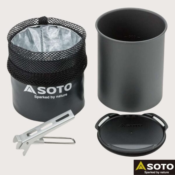 Soto camping cook set with pot, lid, and mesh bag on a light gray background