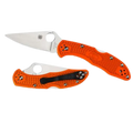 Two orange folding knives on a white background