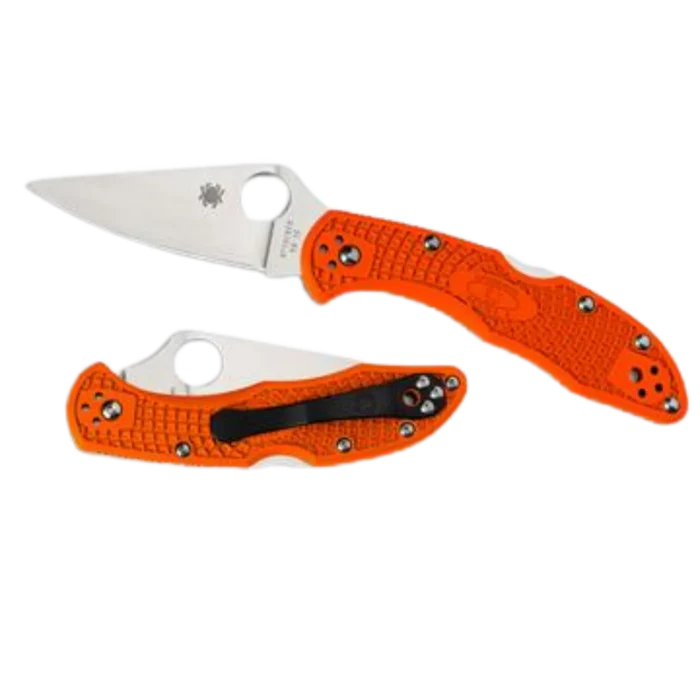 Two orange folding knives on a white background