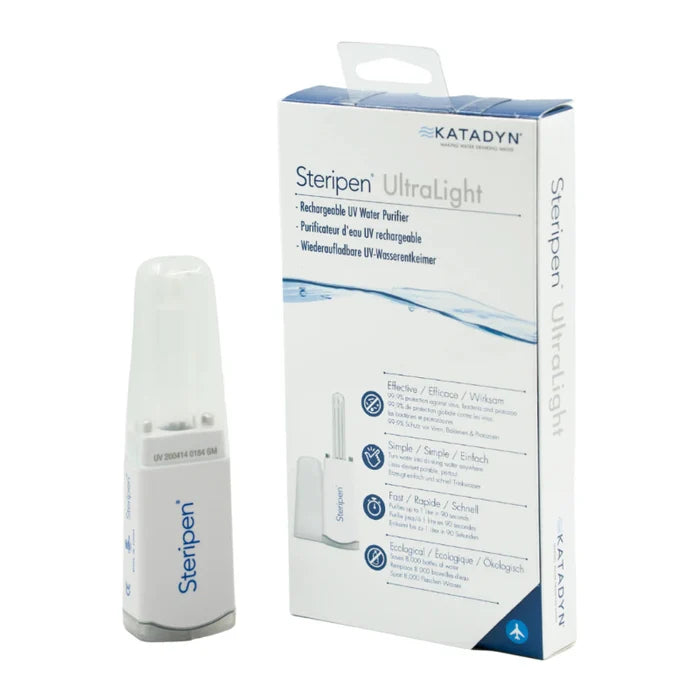 Katadyn Steripen UltraLight water purifier with packaging on a white background