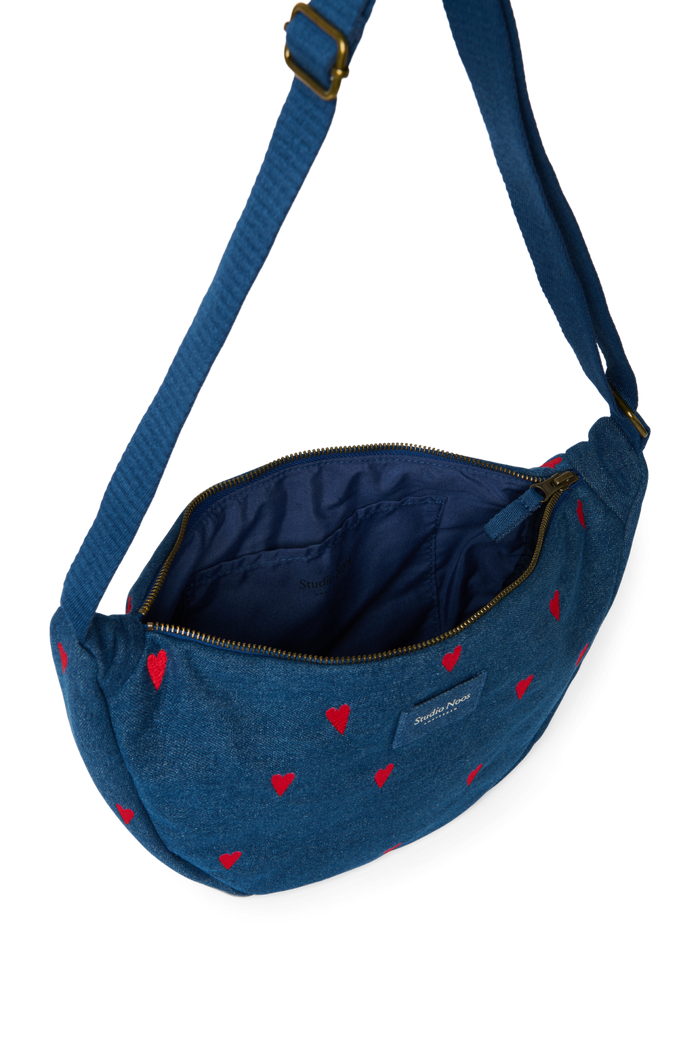 Studio Noos | Denim Adult Fanny Pack | Dark Blue Red Hearts