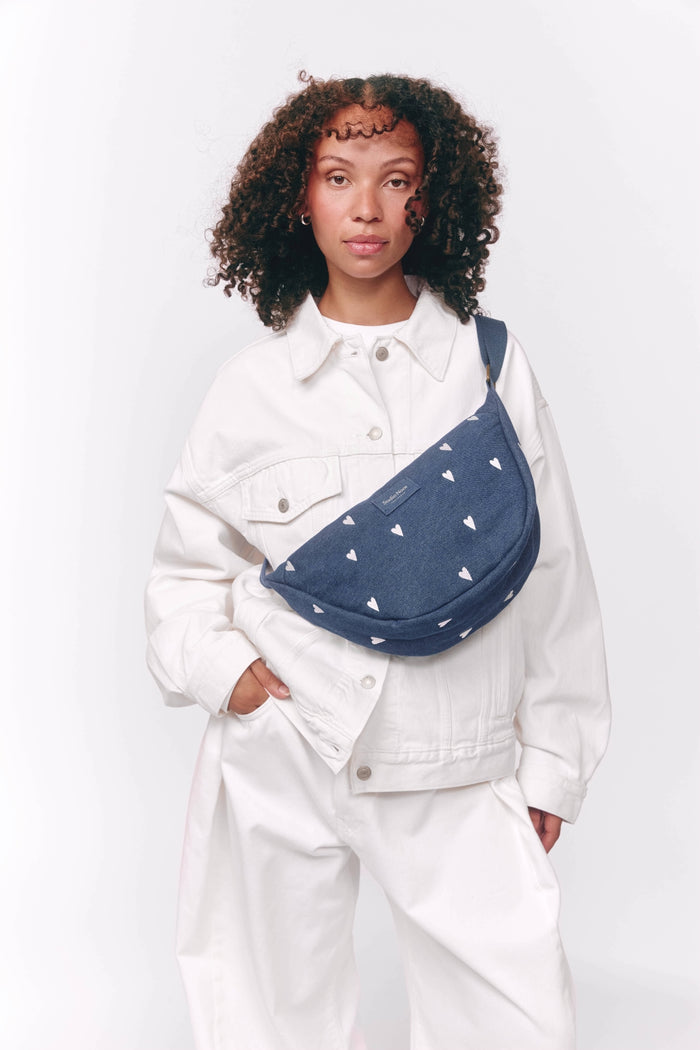 Studio Noos | Denim Adult Fanny Pack | Dark Blue White Hearts