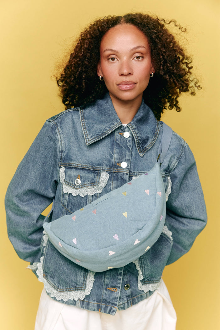 Studio Noos | Denim Adult Fanny Pack | Light Blue Hearts