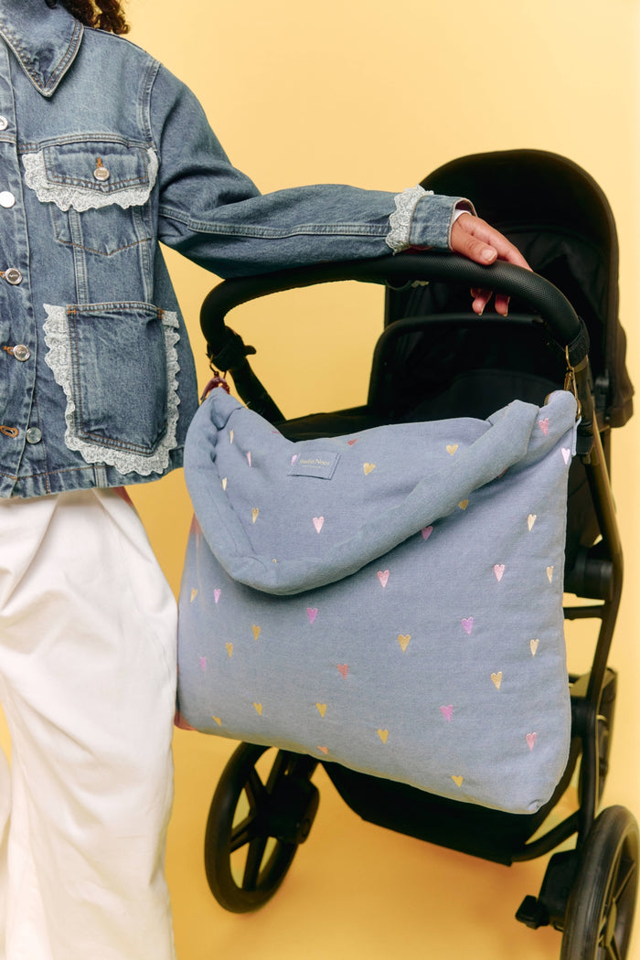 Studio Noos | Denim Diaper Bag | Light Blue Hearts