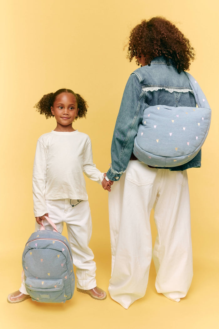 Studio Noos | Denim Midi Backpack | Light Blue Hearts