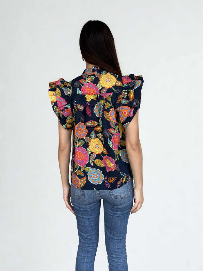THML Alina Ruffle Sleeve Floral Pattern V Neck Top
