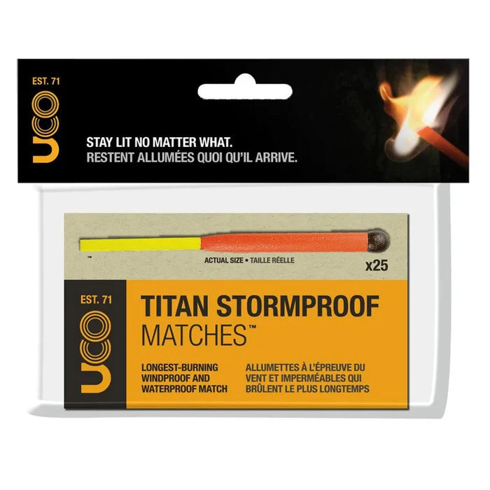 UCO Titan Stormproof Matches packaging with matches and flame illustration on a white background