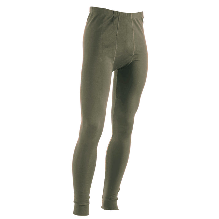 A pair of green men's thermal leggings with an elasticized waist, featuring a gusset panel for comfort and double sewn flat seams.