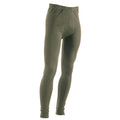 A pair of green men's thermal leggings with an elasticized waist, featuring a gusset panel for comfort and double sewn flat seams.