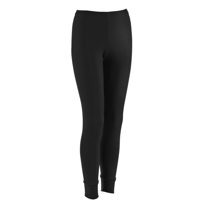 A pair of black Wilderness Wear Polypro+ 190 leggings for women, featuring a slim fit design with double sewn flat seams and an elasticised waist.