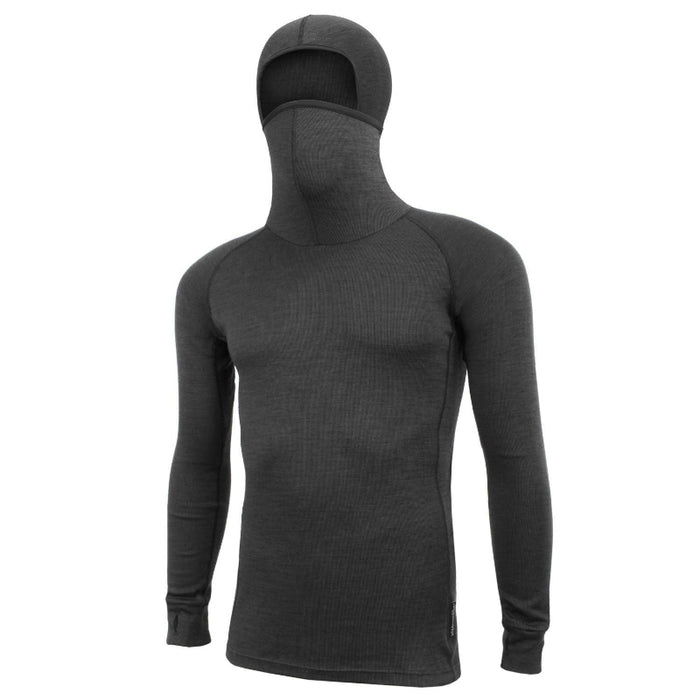 A long-sleeve men's hoodie in gray, with the hood up covering the head and face.